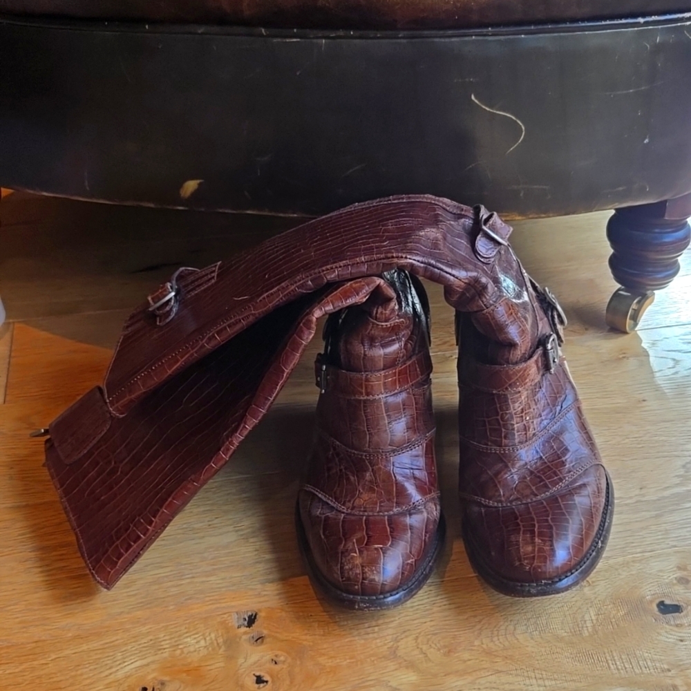 Women Belstaff Knee High Boots Brown Moc Croc Skin Buckle Size UK 4 EU 37